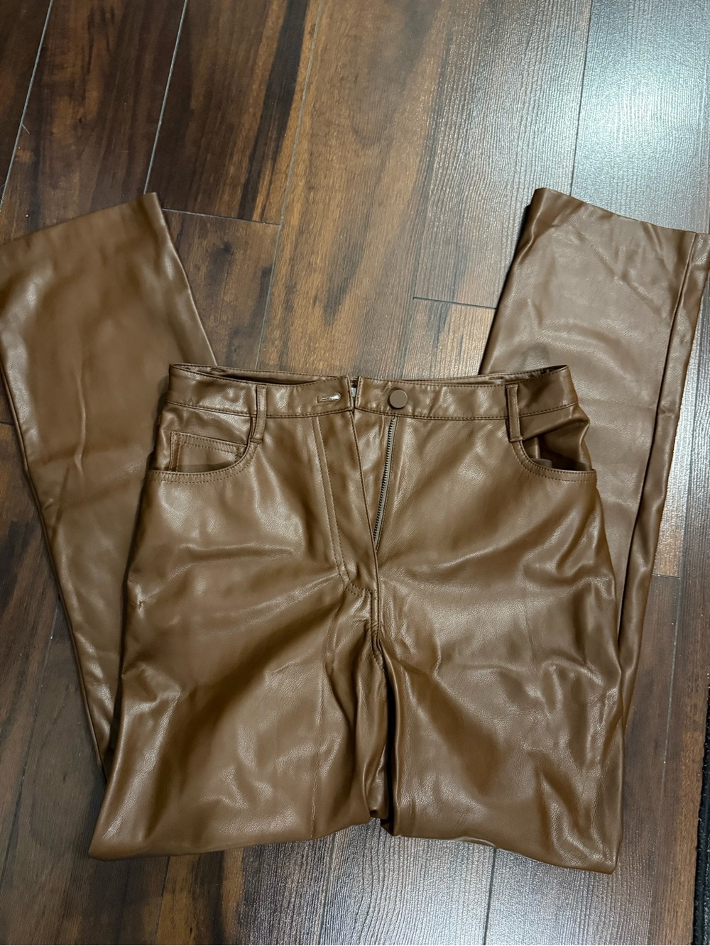 OAK + FORT Faux Leather Straight Leg Pants in Brown